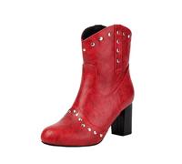 MEECHI 2025 Neu Stiefeletten Mit Niet Damen Große Größe Ankle Boots 7cm High Heels PU-Leder Kurz Stiefel Round Toe Booties Mit Blockabsatz Retro Slip-on Knöchel Schuhe Für Party(Red,43 EU)