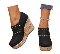 MEECHI 2026 Frühling Stiefeletten Mit Niet Damen Freizeit PU-Leder Ankle Boots Plateau Kurz Stiefel Mit Reißverschluss Vintage Britischer Stil Knöchel Schuhe Mit Keilabsatz(Black,39 EU)