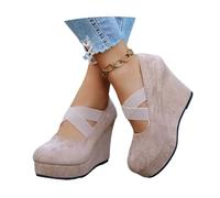 MEECHI 2026 Frühling Übergangsstiefel Für Damen Plateau Stiefeletten Mit Keilabsatz Vintage Wildleder Ankle Boots Mit Kreuzgummiband, Freizeit Große Größe Knöchel Schuhe Für Outdoor(Beige,43 EU)