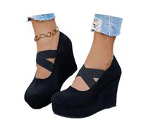 MEECHI 2026 Frühling Übergangsstiefel Für Damen Plateau Stiefeletten Mit Keilabsatz Vintage Wildleder Ankle Boots Mit Kreuzgummiband, Freizeit Große Größe Knöchel Schuhe Für Outdoor(Black,37 EU)