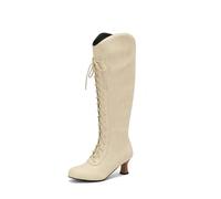MEECHI 70s Retro Schnürstiefel Damen Langschaft Boots Mit Absatz PU-Leder Kniehohe Hohe Stiefel Fashion Ritterstiefel Mit Reißverschluss Frauen Herbst Winter Warm Schneestiefel Für Party(Beige,42 EU)