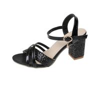 MEECHI Bequeme Brautschuhe Damen Glänzend Sandalen Mit Pailletten Blockabsatz Hochzeitsschuhe Peep Toe Sandaletten Mit Knöchelriemen 2026 Sommer Abendschuhe Tanzschuhe(Black,43 EU)