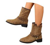 MEECHI Britischerstil Stiefeletten Mit Metallschnalle Damen Western Cowboystiefel Mit Absatz Frühling Wildleder Ankle Boots Für Country, Rodeos 43EU Große Größe Schlupfschuhe(Brown,36 EU)