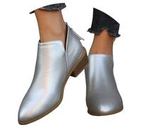 MEECHI Damen Elegante Chelsea Boots Mode Spitz Stiefeletten Mit Absatz PU-Leder Schneestiefel Winter Knöchel Schuhe Für Party High Heels Frauen Freizeit Booties(Silver,37 EU)