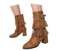 MEECHI Damen Kurz Stiefel Mit Fransen Retro Ankle Boots Mit Metallschnalle PU-Leder Stiefeletten Mit Reißverschluss 6cm High Heels Große Größe Knöchel Schuhe(Brown,40 EU)