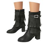 MEECHI Damen Kurz Stiefel Mit Fransen Retro Ankle Boots Mit Metallschnalle PU-Leder Stiefeletten Mit Reißverschluss 6cm High Heels Große Größe Knöchel Schuhe(Black,41 EU)