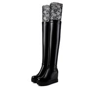 MEECHI Damen Overknee Stiefel Mit Keilabsatz, Lace Patchwork Langschaft Boots Warm Gefüttert Schneestiefel 2023 Neu PU-Leder Hohe Stiefel Mit Reißverschluss (Color : Black, Size : 36 EU)