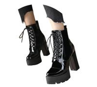 MEECHI Damen Stiefeletten Mit Blockabsatz Plateau Punk Schnürstiefel | Gothic Chelsea Boots Sexy Lackleder High Heels Kurze Stiefel Herbst Winter Biker Booties