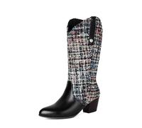 MEECHI Damen Winter Schlupfschuhe Mit Blockabsatz Pointed Toe Western Cowboystiefel Elegant PU-Leder Langschaft Boots Mit Patchwork Frauen Lässige Breiter Röhre Reitstiefel(Black,38 EU)