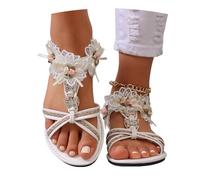 MEECHI Elegant Hochzeitschuhe 2026 Sommer Damen Leicht Flache Sandalen Mit Blumen Bohemia T-Riemen Sandaletten Große Größen Römische Sandals Mit Gummiband Freizeit Weiche Sohlen Strandschuhe(41 EU)