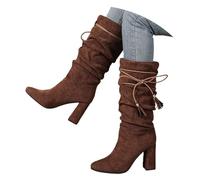 MEECHI Elegant Mid-Calf Boots Mit Blockabsatz Damen Retro Western Cowboystiefel Mit Fransen Herbst Winter Warm Wildleder High Heels Frauen Lässige Slip-on Schuhe(Brown,38 EU)