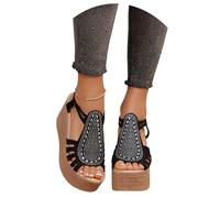 MEECHI Glänzend Sandalen Mit Strass Damen Plateau Keilsandalen Frauen Vintage Römische Sandaletten Gummiband Peep Toe Große Größe Sommerschuhe Für Büro, Party, Dating(Black,37 EU)