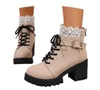 MEECHI Gothic Plateau Stiefeletten Damen PU-Leder Biker Booties 2026 Frühling Ankle Boots Mit Blockabsatz Elegant Schnürstiefel Mit Lace Sexy High Heels Britischer Stil Knöchel Schuhe(Beige,36 EU)