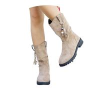 MEECHI Herbst Stiefeletten Damen Wildleder Western Cowboystiefel 2025 Neu Mid-Calf Boots Mit Perlen-Fransen Vintage Slip-on Booties rutschfest Knöchel Schuhe Für Country,Rodeos(Beige,39 EU)