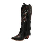 MEECHI Langschaft Boots Mit Fransen Damen Western Cowboystiefel Retro PU-Leder Reitstiefel Mit Stickerei Square Toe Schlupfschuhe Mit Blockabsatz Herbst Winter High Heels(Black,36 EU)