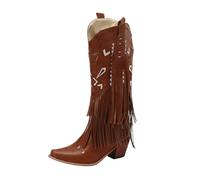 MEECHI Langschaft Boots Mit Fransen Damen Western Cowboystiefel Retro PU-Leder Reitstiefel Mit Stickerei Square Toe Schlupfschuhe Mit Blockabsatz Herbst Winter High Heels(Brown,37 EU)