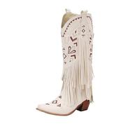 MEECHI Langschaft Boots Mit Fransen Damen Western Cowboystiefel Retro PU-Leder Reitstiefel Mit Stickerei Square Toe Schlupfschuhe Mit Blockabsatz Herbst Winter High Heels(White,36 EU)