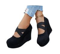 MEECHI Plateau Stiefeletten Mit Keilabsatz 2026 Damen Frühling Übergangsstiefel, Vintage Wildleder Ankle Boots Mit Kreuzgummiband Freizeit Britischer Stil Knöchel Schuhe(Black,37 EU)