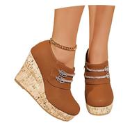 MEECHI Plateau Stiefeletten Mit Keilabsatz Damen Glänzend Ankle Boots Mit Strass 2026 Frühling Kurz Stiefel Mit Reißverschluss PU-Leder High Heels Freizeit Britischer Stil Knöchel Schuhe(Brown,42 EU)