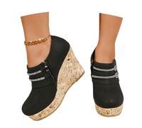 MEECHI Plateau Stiefeletten Mit Keilabsatz Damen Glänzend Ankle Boots Mit Strass 2026 Frühling Kurz Stiefel Mit Reißverschluss PU-Leder High Heels Freizeit Britischer Stil Knöchel Schuhe(Black,40 EU)