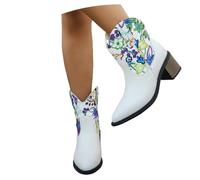 MEECHI Retro Stiefeletten Mit Blumenmuster Western Cowboystiefel Mit Pointed Toe Damen Ankle Boots Mit Blockabsatz PU-Leder Breiter Röhre Schlupfschuhe Für Country, Rodeos(White,40 EU)
