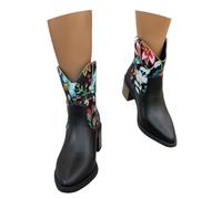MEECHI Retro Stiefeletten Mit Blumenmuster Western Cowboystiefel Mit Pointed Toe Damen Ankle Boots Mit Blockabsatz PU-Leder Breiter Röhre Schlupfschuhe Für Country, Rodeos(Black,40 EU)