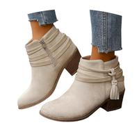 MEECHI Retro Stiefeletten Mit Fransen Damen Freizeit Ankle Boots Mit Blockabsatz 2026 Frühling Wildleder Kurz Stiefel Mit Reißverschluss Frauen Britischer Stil Große Größe Knöchel Schuhe(Beige,39 EU)