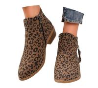 MEECHI Retro Stiefeletten Mit Leopardendruck Damen Chelsea Kurz Stiefel Mit Blockabsatz Wildleder Ankle Boots Reißverschluss Booties Frauen Freizeit Knöchel Schuhe Für Herbst Winter(Brown,37 EU)