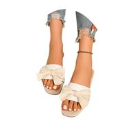 MEECHI Sommer Hochzeitschuhe Damen Elegant Pantoletten Mit Schleifen Freizeit Flache Strandschuhe 2026 Square Toe Peep Toe Schlappen Leicht Große Größe Slippers(Beige,40 EU)