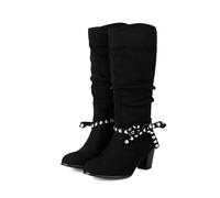 MEECHI Stiefeletten Damen Mit Absatz Wildleder Hohe Stiefel Mit Niet-Schleifen Sexy High Heels Retro Slip-on Ankle Boots Elegant Schuhe Für Frühling(39 EU)