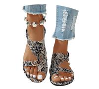 MEECHI Vintage Ethno-Stil Sandalen Mit Drucken Damen Sommer Zehentrenner Sandalen Clip -Toe Römische Sandals Student Flache Strandschuhe 2025 Neu Große Größe Flip-Flops(Black,39 EU)