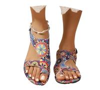 MEECHI Vintage Ethno-Stil Sandalen Mit Drucken Damen Sommer Zehentrenner Sandalen Clip -Toe Römische Sandals Student Flache Strandschuhe 2025 Neu Große Größe Flip-Flops(Blue,36 EU)