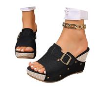 MEECHI Vintage Hochzeitschuhe 2026 Sommer,Damen Plateau Pantoletten Mit Keilabsatz Braut Peep Toe High Heels Mit Niet Freizeit Große Größe Sandalen Für Party/Abend(Black,38 EU)
