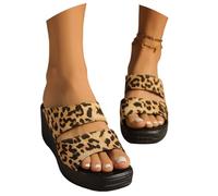 MEECHI Vintage Pantoletten Mit Leopardenmuster Damen Plateau Keilsandalen Wildleder Peep Toe Schlappen Freizeit Sommer Strandschuhe Für Urlaub Große Größe Latschen(Brown,42 EU)