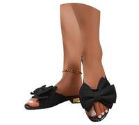 MEECHI Vintage Pantoletten Mit Schleifen Damen Elegant Peep Toe Sandalen Sommer Große Größe Pantoffeln Flache Brautschuhe Mit Niedriger Absatz Leicht Bequeme Schlappen Für Party(Black,37 EU)