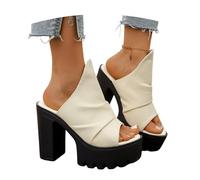 MEECHI Vintage Plateau Pantoffeln Für Damen 2026, Slip-on Sommer Hausschuhe Mit Blockabsatz PU-Leder Peep Toe Schlappen Große Größe Latschen,Elegante High Heels Für Party, Dating(White,42 EU)