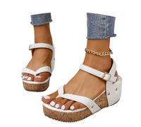 MEECHI Vintage Zehentrenner Sandalen Damen Keilabsatz Flip-Flops 2026 Sommer PU-Leder Clip -Toe Sandaletten Plateau Römische Sandals Große Größe Freizeit Strandschuhe(White,40 EU)