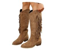 MEECHI Western Cowboystiefel Mit Fransen Damen Langschaft Boots Mit Blockabsatz Retro Wildleder Reitstiefel Warm Schlupfstiefel Herbst Winter Übergangsstiefel(Brown,38 EU)