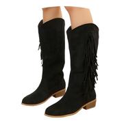 MEECHI Western Cowboystiefel Mit Fransen Damen Langschaft Boots Mit Blockabsatz Retro Wildleder Reitstiefel Warm Schlupfstiefel Herbst Winter Übergangsstiefel(Black,40 EU)