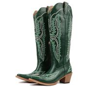 Meefit Cowboystiefel für Damen, kniehoch, Cowgirl-Stiefel, spitzer Zehenbereich, breiter Absatz, Western-/Retro-Stiefel, Vintage-Stiefel, Grün , 40 EU