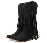 Meefit Damen-Cowboystiefel mit Fransen, quadratischer Zehenbereich, mittelhoch, bestickt, Westernstiefel, Quaste, Cowgirl-Stiefel, gestapelter Absatz, Retro-Stiefel, 1schwarz, 38.5 EU