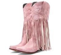 Meefit Damen-Cowboystiefel mit Fransen, quadratischer Zehenbereich, mittelhoch, bestickt, Westernstiefel, Quaste, Cowgirl-Stiefel, gestapelter Absatz, Retro-Stiefel, 1Rosa, 39 EU