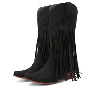 Meefit Damen-Cowboystiefel mit Fransen, quadratischer Zehenbereich, mittelhoch, bestickt, Westernstiefel, Quaste, Cowgirl-Stiefel, gestapelter Absatz, Retro-Stiefel, 1schwarz, 38.5 EU