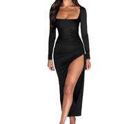 MeeQee Damen Kleid Sexy Langarm Quadratischer Ausschnitt Maxikleid mit Schlitz Festliche Elegant Bodycon Lange Hochzeit Abendkleid Eng Wickelkleid Partykleid Cocktailkleid Herbst