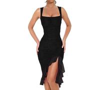 MeeQee Damen Kleider Sexy Gerüscht Midikleid Wickel Abendkleid Bodycon Qauadratischer Ausschnitt Ärmellos Sommerkleid Elegant Rüschensaum Tüll Tankkleid Figurbetontes Partykleid Cocktailkleid