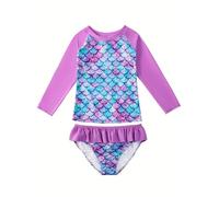 Meerjungfrau Badeanzug mit Rock für Kinder, Langarm Oberteil mit Rock, Lila 140, Fischschuppen Design, UV-Schutz