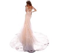 Meerjungfrau-Brautkleid mit V-Ausschnitt für Braut 2024, Spitzen-Brautkleid mit langen Ärmeln, Style20-elfenbein, 40