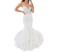 Meerjungfrau Brautkleid Spitzen Lang Spaghettiträger Tüll Meerjungfrau Brautmode, BLPOTA, Weiß, 40