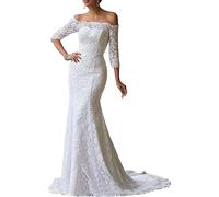 Meerjungfrau mit Spitze Langarm Brautkleid Schulterfrei, BLPOTA, Weiß, 36