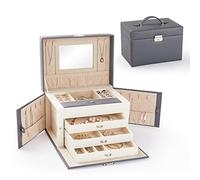 Meerveil Schmuckkästchen, 26x18.8x17.5cm, Schmuckkasten Damen mit 4 Ebenen, PU Leder Schmuckaufbewahrung abschließbare, mit Schublade und Spiegel, Schmuckkoffer für Ringe, Ohrringe, Halskette, Grau